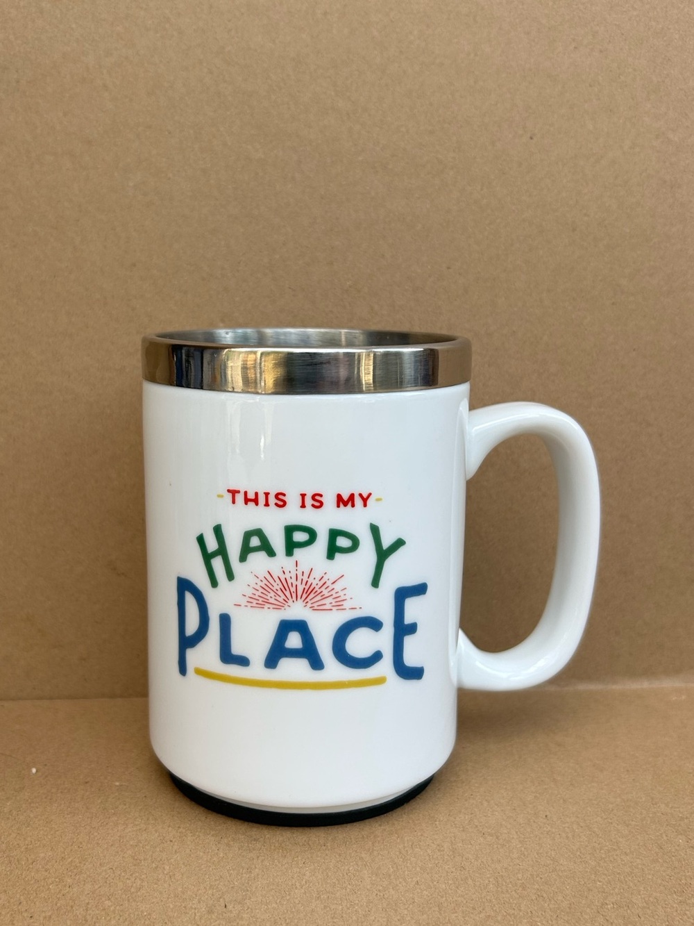Melamine Coffee Mug This is My Happy Place White Stainless Steel 14oz